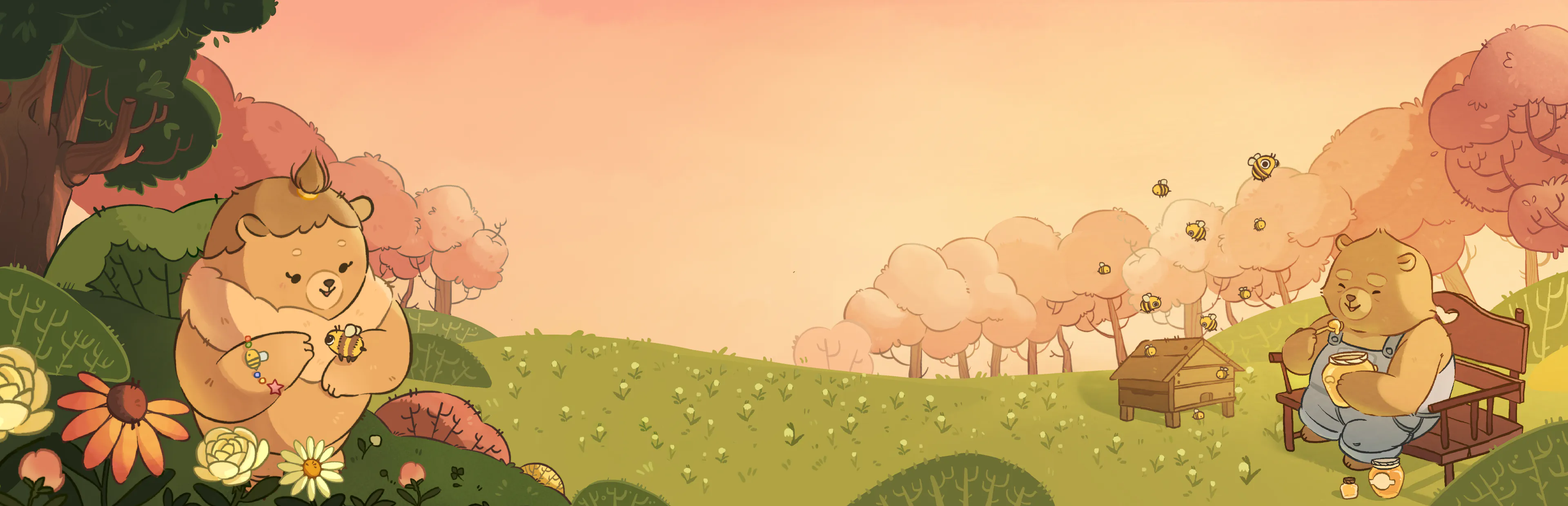 A sunset meadow. On the left a bear cradles a bee among flowers; on the right a bear in overalls eats honey on a bench beside a beehive.